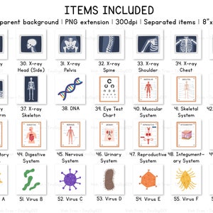 May include: A set of 56 colorful illustrations, including x-rays of different body parts, diagrams of human body systems, and cartoon viruses. Each illustration is framed in a white square with a black border and labeled with a number and a short description. The illustrations are designed for educational purposes and can be used for teaching anatomy, physiology, and health.