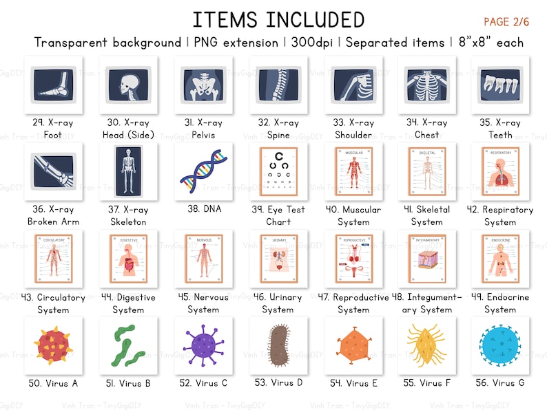 May include: A set of 56 colorful illustrations, including x-rays of different body parts, diagrams of human body systems, and cartoon viruses. Each illustration is framed in a white square with a black border and labeled with a number and a short description. The illustrations are designed for educational purposes and can be used for teaching anatomy, physiology, and health.