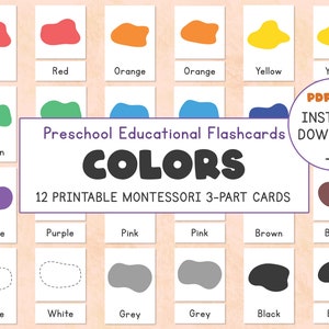 Colors Flashcards Printable, Set Of 12 Colors Montessori 3-Pard Cards, Toddlers Preschool Education, Basic Colors Cards, Instance Download