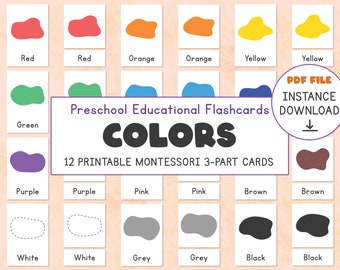 Colors Flashcards Printable, Set Of 12 Colors Montessori 3-Pard Cards, Toddlers Preschool Education, Basic Colors Cards, Instance Download