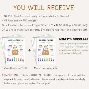 May include: A digital download of six printable posters featuring a colorful illustration of a metronome with the text "Common Tempos" and a chart of musical tempos. The posters are available in PDF and PNG formats and are designed for international paper sizes, including A3, A4, and A5.