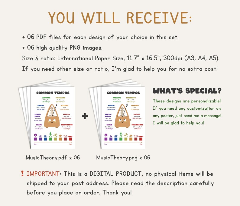 May include: A digital download of six printable posters featuring a colorful illustration of a metronome with the text "Common Tempos" and a chart of musical tempos. The posters are available in PDF and PNG formats and are designed for international paper sizes, including A3, A4, and A5.