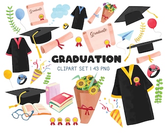 Watercolor Graduation Clipart Bundle: Cap, Gown, Diploma (PNG Download)