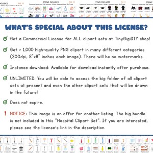 May include: A blue and white graphic with the text "WHAT'S SPECIAL ABOUT THIS LICENSE?" and a list of benefits for purchasing a commercial license for clipart sets. The benefits include unlimited downloads, high-quality images, and no watermarks.