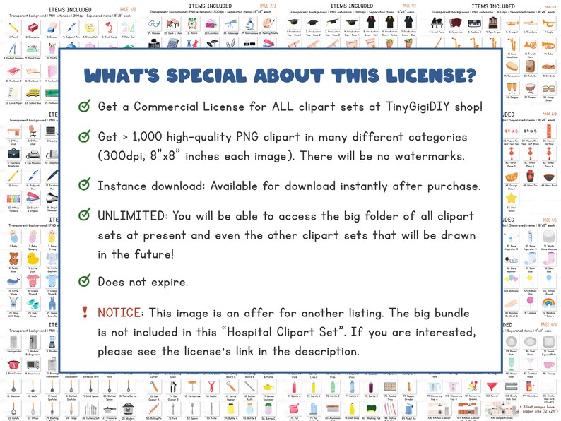 May include: A blue and white graphic with the text "WHAT'S SPECIAL ABOUT THIS LICENSE?" and a list of benefits for purchasing a commercial license for clipart sets. The benefits include unlimited downloads, high-quality images, and no watermarks.