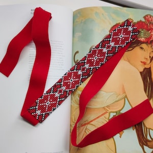 traditional Ukrainian Gerdan Poppies pattern red ribbon necklace handmade