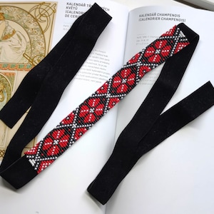 traditional Ukrainian Gerdan Poppies pattern black ribbon necklace handmade
