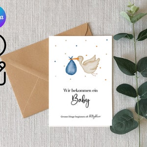 Schwangerschaft verkünden Karte Storch Baby Überraschung Digitaler Download, sofort ausdrucken, selbst bearbeiten, Canva Design
