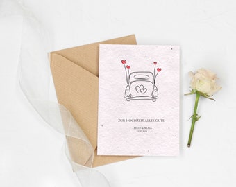 Einpflanzbare Hochzeitskarte, Grußkarte,  Hochzeitsgrüße, Hochzeitsgeschenk, Minimalistisch, Samenkarten, Wildblumen, Auto, Lineart