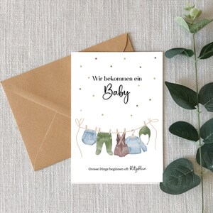 Schwangerschaft verkünden Karte Babykleidung Wäscheleine Watercolor  Baby Überraschung