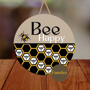 Bee Happy Wood Door Hanger | Spring Door Hanger | Custom Door Sign  | Front Door Sign | Wedding Gift | Bridal Shower Gift | Birthday Gift