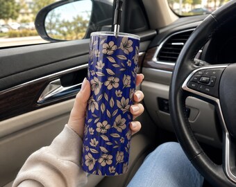 Blue Floral Stainless Steel Tumbler: 20 oz Double-Walled Travel Mug