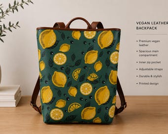 Lemon Print Vegan Leather Backpack: All-Over Design, Adjustable Straps