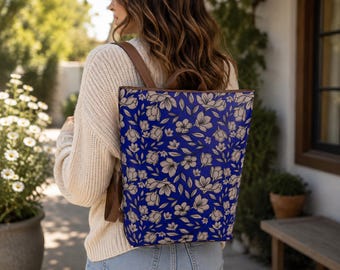 Deep Blue Floral Vegan Leather Backpack – All-Over Print Bag