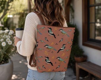 Bird Print Vegan Leather Backpack – All-Over Pattern Bag