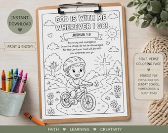 Bible Verse Coloring Page | Joshua 1:9 Bike Theme (Digital Download)