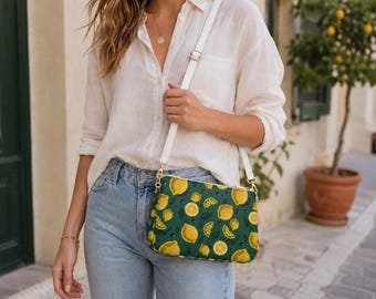 Vegan Leather Crossbody Purse: Lemon Print, Adjustable Strap, UV Ink Digi-Print