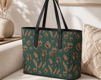Deep Forest Floral Vegan Leather Tote Bag: Everyday Carry-All, Laptop Compatible