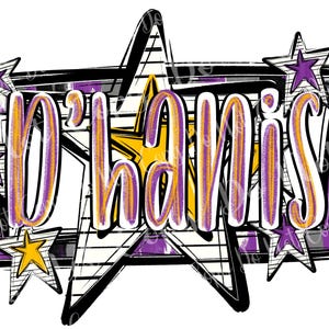 May include: Purple and yellow star design with the text "D'hanis" in a black frame.