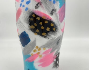 abstract tumbler - Hand painted tumbler - brush stroke pattern tumbler - girly tumbler - hand painted cup - blue pink gold grey - insulated