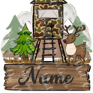 May include: A digital illustration featuring a deer standing next to a camouflage hunting blind. The scene includes green trees, mountains, and a wooden sign with the word "Name" in black script. The overall design has a rustic, outdoorsy theme.