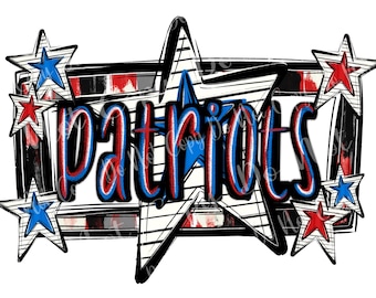 May include: A patriotic design featuring the word "Patriots" in red, white, and blue, outlined in black. The word is set against a backdrop of stars and stripes.