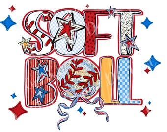Könnte beinhalten: Softball-Grafik mit roten, weißen und blauen Sternen und Baseballnähten. Das Wort "Softball" steht in großen, bunten Buchstaben.