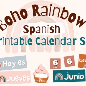 Spanish calendar set, calendario escolar, Boho rainbow calendar, classroom decor posters, teacher materials, flip chart, pocket chart