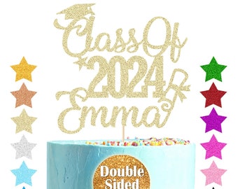 Personalized Cake Topper Custom Congrats Graduation Hat Student Class of 2024 Double Sided Glitter Card Hand Finished in US