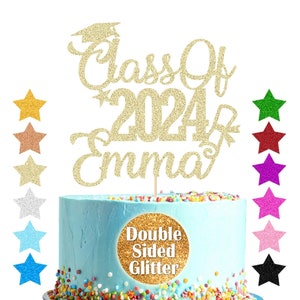 Personalized Cake Topper Custom Congrats Graduation Hat Student Class of 2024 Double Sided Glitter Card Hand Finished in US