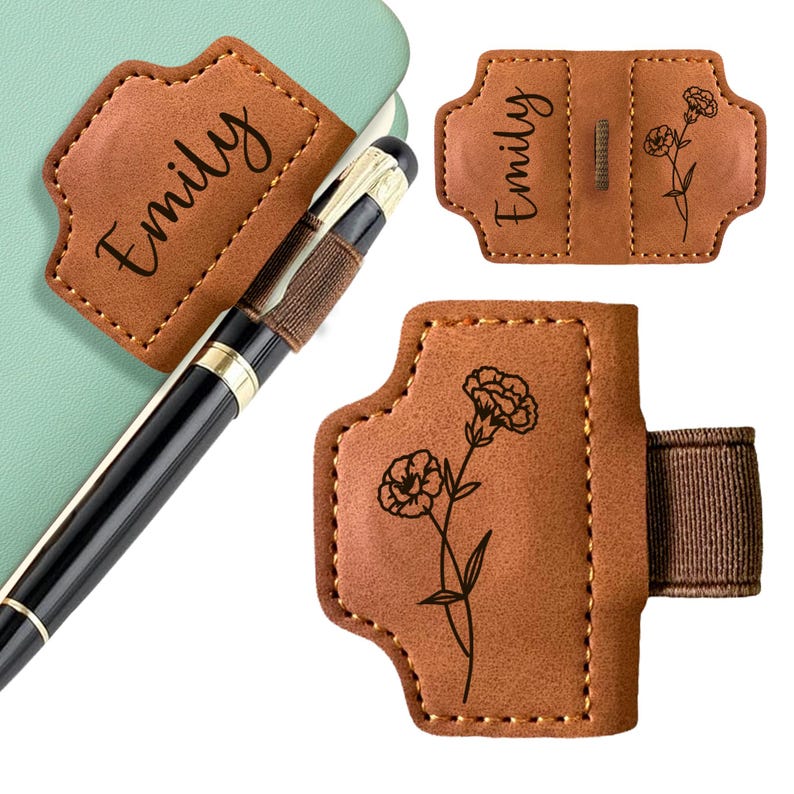 Personalized Magnetic Leather Pen Holder Bookmark, Custom Bookmark Clip with Birth Flower Mothers, Gifts for Men Women Teachers Christmas image 3