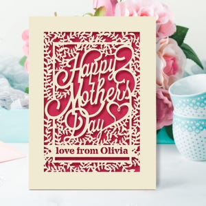 Personalized Happy Mothers Day Card | Laser Papercut for Mom Aunte Grandma Customized Any Name with Envelope | 6 Colors Available