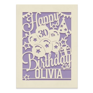 Personalized Happy Birthday Card Paper Cut Happy Birthday Card for Him Her Women Girl Boy Men Custom Gift for 16th 18th 21st 30th Birthday Lilac Purple