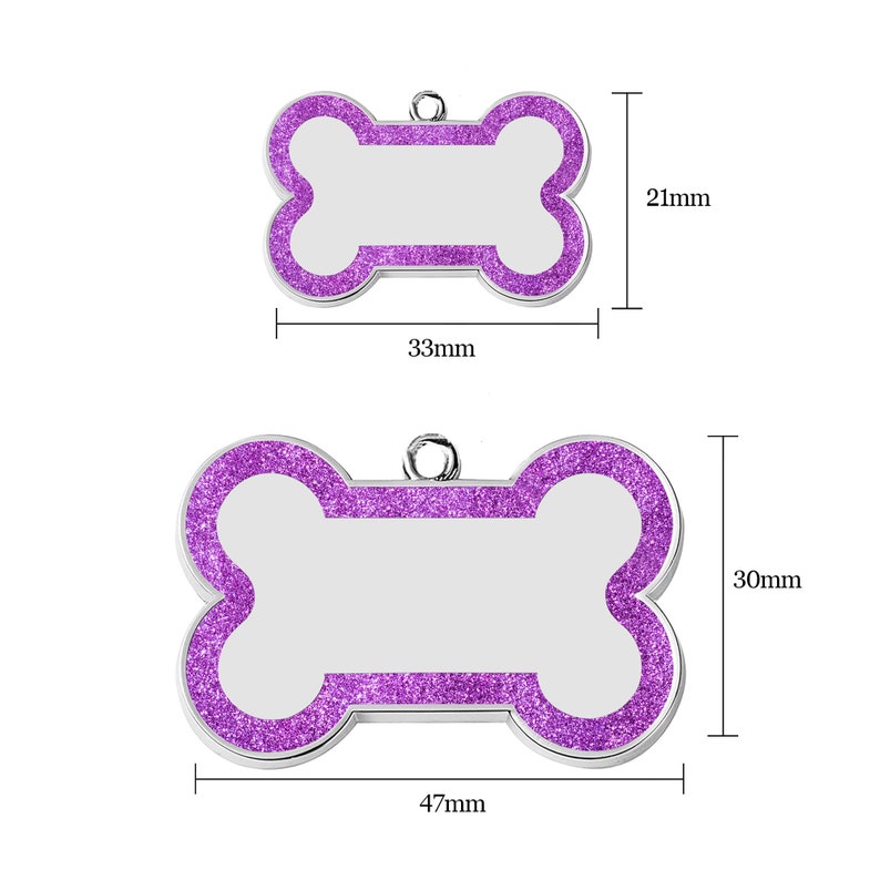 May include: Two silver bone-shaped dog tags with a purple glitter finish. The smaller tag is 1.3 inches wide and 0.8 inches tall. The larger tag is 1.9 inches wide and 1.2 inches tall.