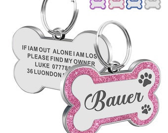 Dog Tags Engraved for Pets Personalized Dog Tag with Any Name & Text Dog Collar Custom Glitter Dog Name Tag Bone Dog ID Tag for Puppy Pets