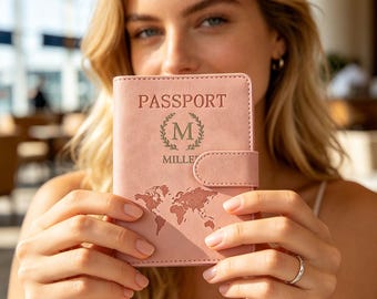 Personalized Passport Cover & Luggage Tag Set | Custom Pink Leather Travel Wallet with World Map | Honeymoon Gift, Travel Gift for Her