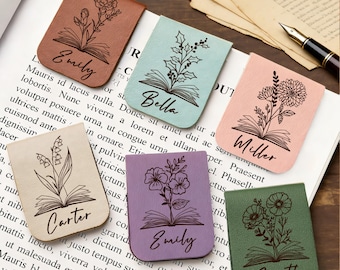 Personalized Leather Magnetic Bookmark, Engraved Birth Flower Book Mark Gifts