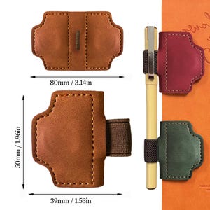 May include: Leather pen holders in brown, burgundy, and green. The brown holder is 3.14 inches wide and 1.96 inches tall. The pen holders have an elastic band to hold a pen. The holders are designed to attach to a notebook.
