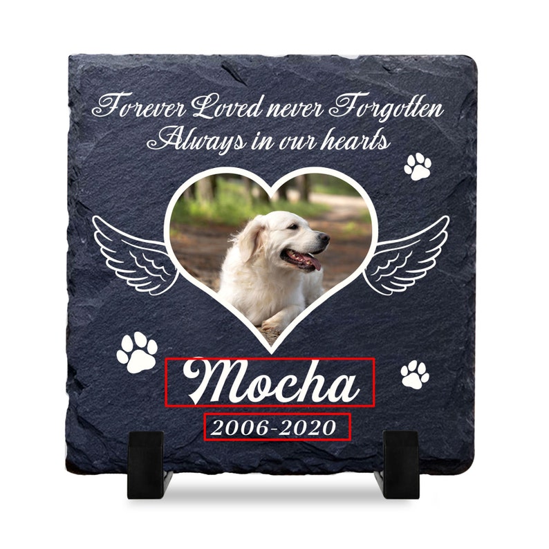 Puede incluir: Una placa conmemorativa de pizarra azul oscuro con un marco blanco en forma de coraz&oacute;n que contiene una foto de un perro blanco. El texto "Forever Loved Never Forgotten Always in our hearts" est&aacute; escrito en cursiva blanca. El nombre del perro "Mocha" est&aacute; escrito en cursiva roja debajo de la foto, con las fechas "2006-2020" escritas en rojo debajo del nombre.