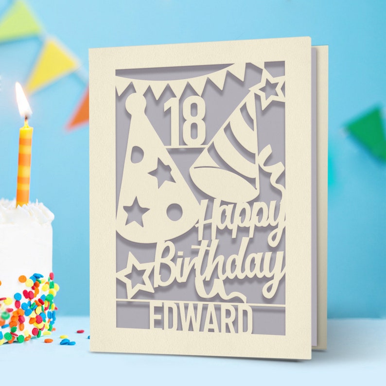 Personalized Happy Birthday Card Paper Cut Happy Birthday Card for Him Her Women Girl Boy Men Custom Gift with Envelope 16th 18th 21st 30th Gray