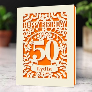 Personalized Birthday Card Laser Paper Cut Special Age Flower Birthday Card Any Name Any Age 1st 16th 21st 30th 50th 70th 80th Orange