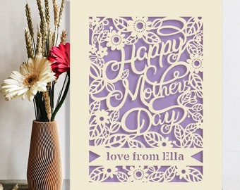 Personalized Happy Mothers Day Card | Laser Papercut with Flower Design Customized Any Name | Custom Lovely Gift and Hand Finished in US