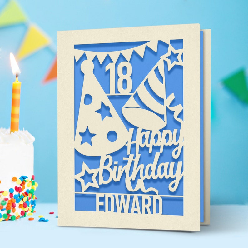 Personalized Happy Birthday Card Paper Cut Happy Birthday Card for Him Her Women Girl Boy Men Custom Gift with Envelope 16th 18th 21st 30th Deep Blue