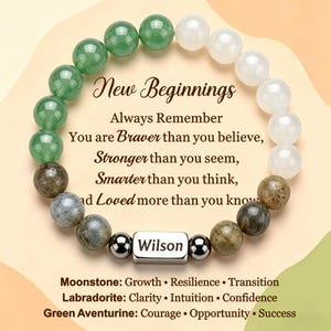 May include: A beaded bracelet with green, white, and speckled beads. The bracelet includes a silver bar engraved with "Wilson." Text on the card reads "New Beginnings" and inspirational quotes. The bracelet is made of moonstone, labradorite, and green aventurine.
