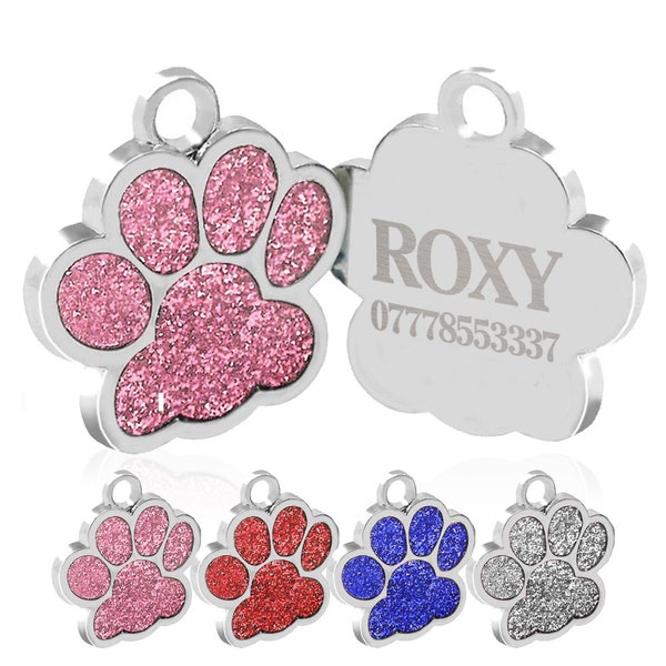 Dog Tags Engraved for Pets Personalized Paw Print Pet Tag for Dogs Cats Custom Dog ID Tags Dog Name Tags Glitter Bling IDTag