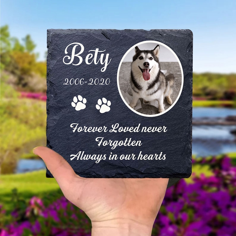 Puede incluir: Piedra conmemorativa de pizarra negra con una foto de un perro husky. La piedra tiene el texto "Bety 2006-2020" y "Forever Loved Never Forgotten Always in our hearts".