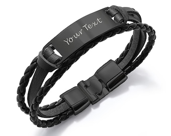 Bracelets personnalisés pour hommes Bracelet gravé en cuir avec n'importe quel texte Anniversaire Fête des pères Mariage Cadeaux de Noël pour lui Papa Petit ami