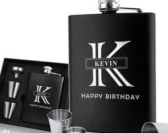 Personalized Hip Flask Whisky Flask 6oz Pocket Flask with Funnel and Cups Gift for Him Best Man Groomsman Usher Father on Wedding Birthday