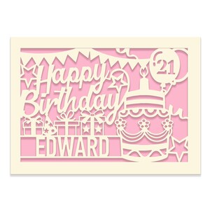 Personalised Handmade Birthday Card – Papercut Cake Design, Any Name & Age (16, 18, 21, 30, More)