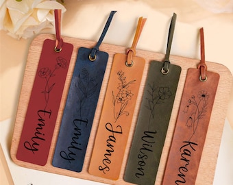 Custom Bookmark Engraved PU Book Marks Gifts with Birth Month Flower for Women Men Student Teacher Book Lovers Personalized Bookmark